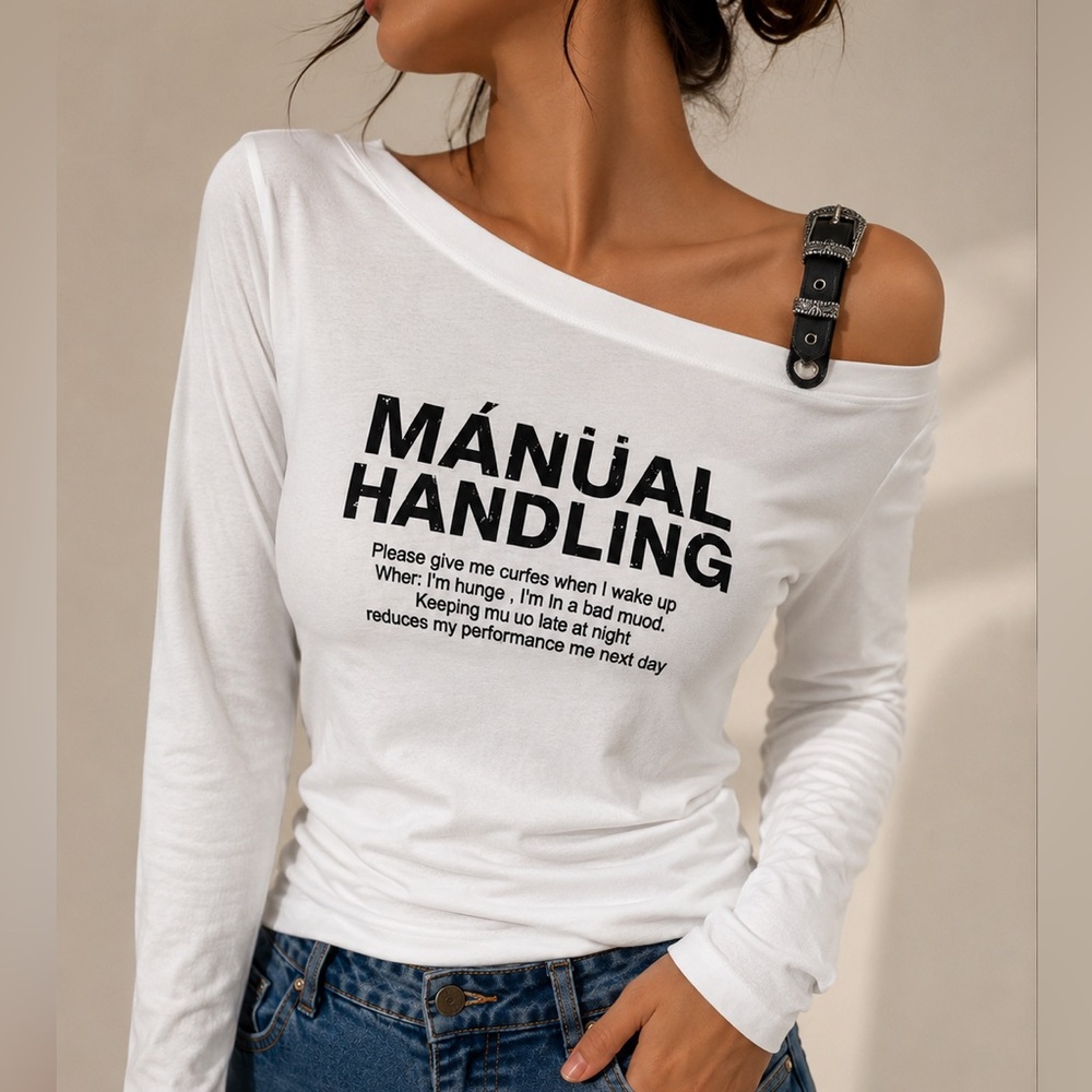 Off-Shoulder Long Sleeve Graphic Tee - White